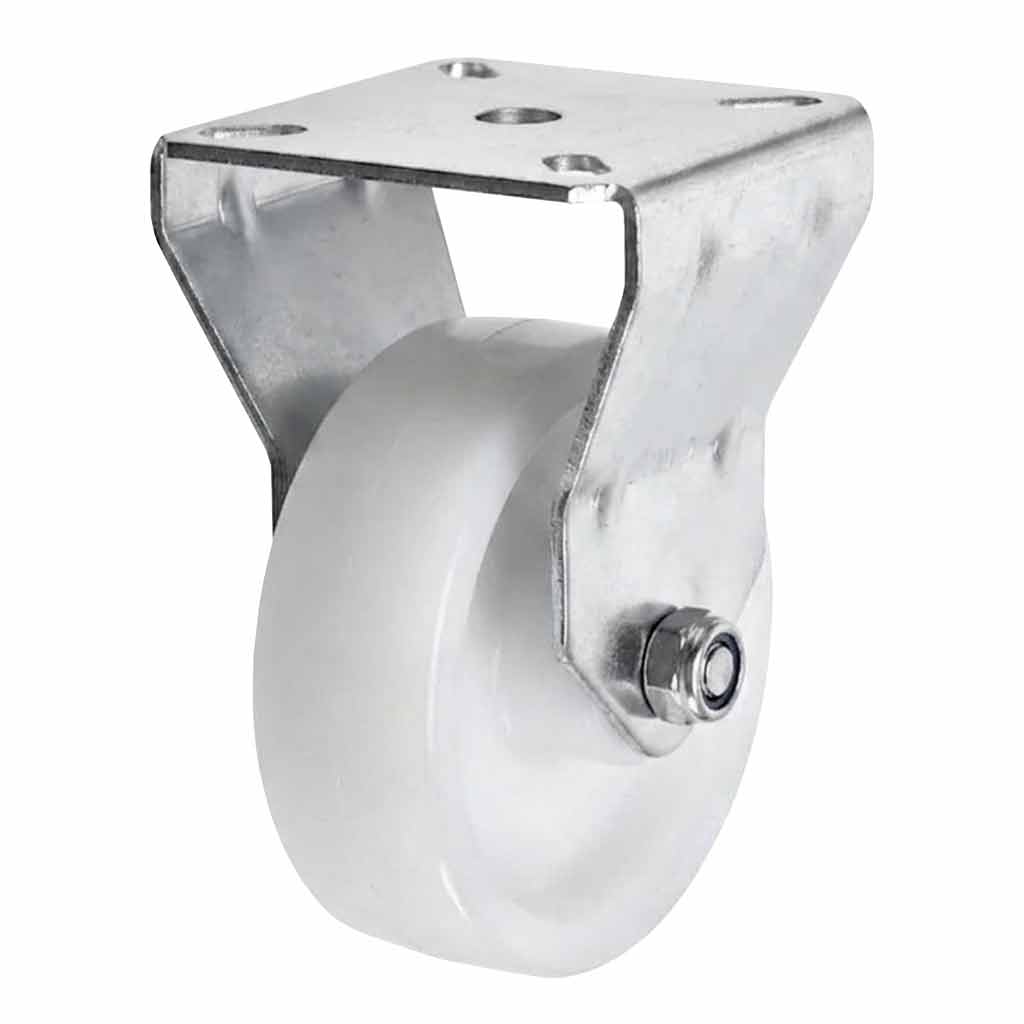 White Smoke 75mm Pressed Steel Fixed Castor Wheel - White Nylon Wheel & 4-Bolt-Hole - 75kg Load Capacity