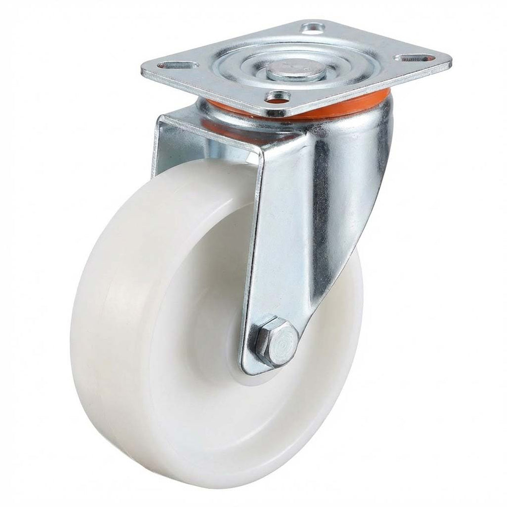 White Smoke 100mm Pressed Steel Swivel Castor Wheel with 4 Hole Top Plate & White Nylon Wheel - 140kg Load Capacity