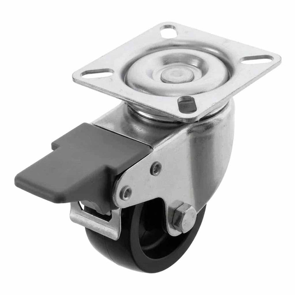 White Smoke 50mm Pressed Steel Swivel Castor Wheel with Brake - Black Polypropylene & 4-Hole Top Plate - 65kg Load