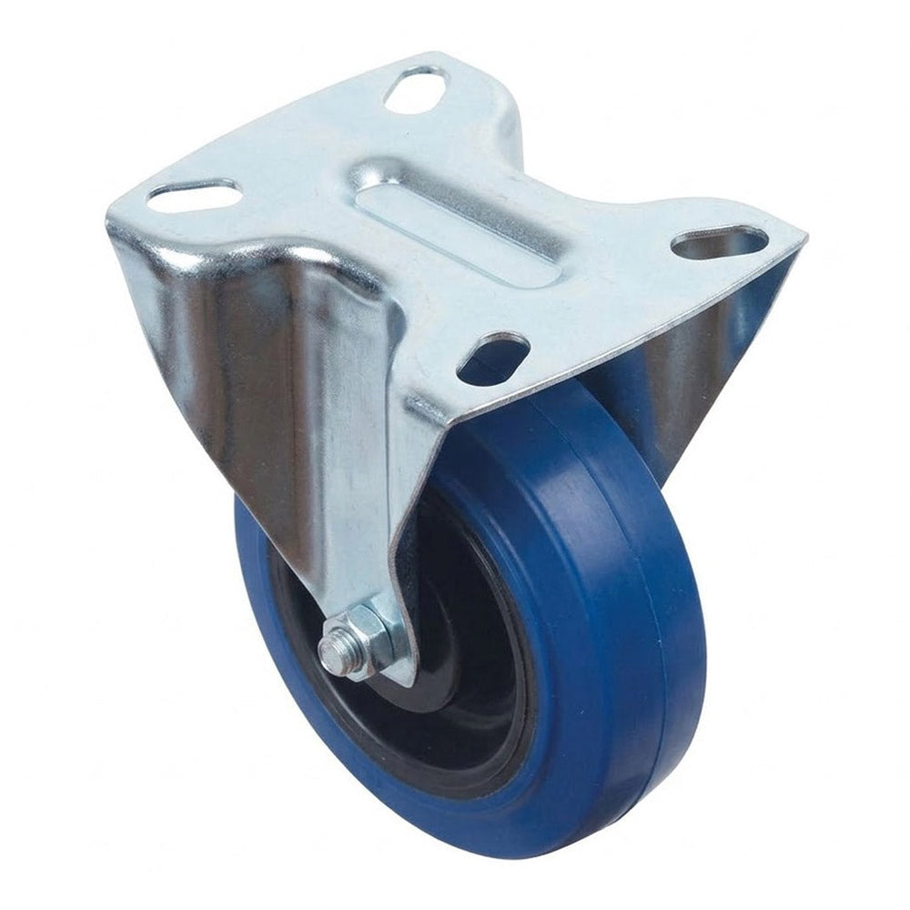 White Smoke 100mm Pressed Steel Fixed Castor with Blue Rubber on Polypropylene Wheel - 120kg Max Load