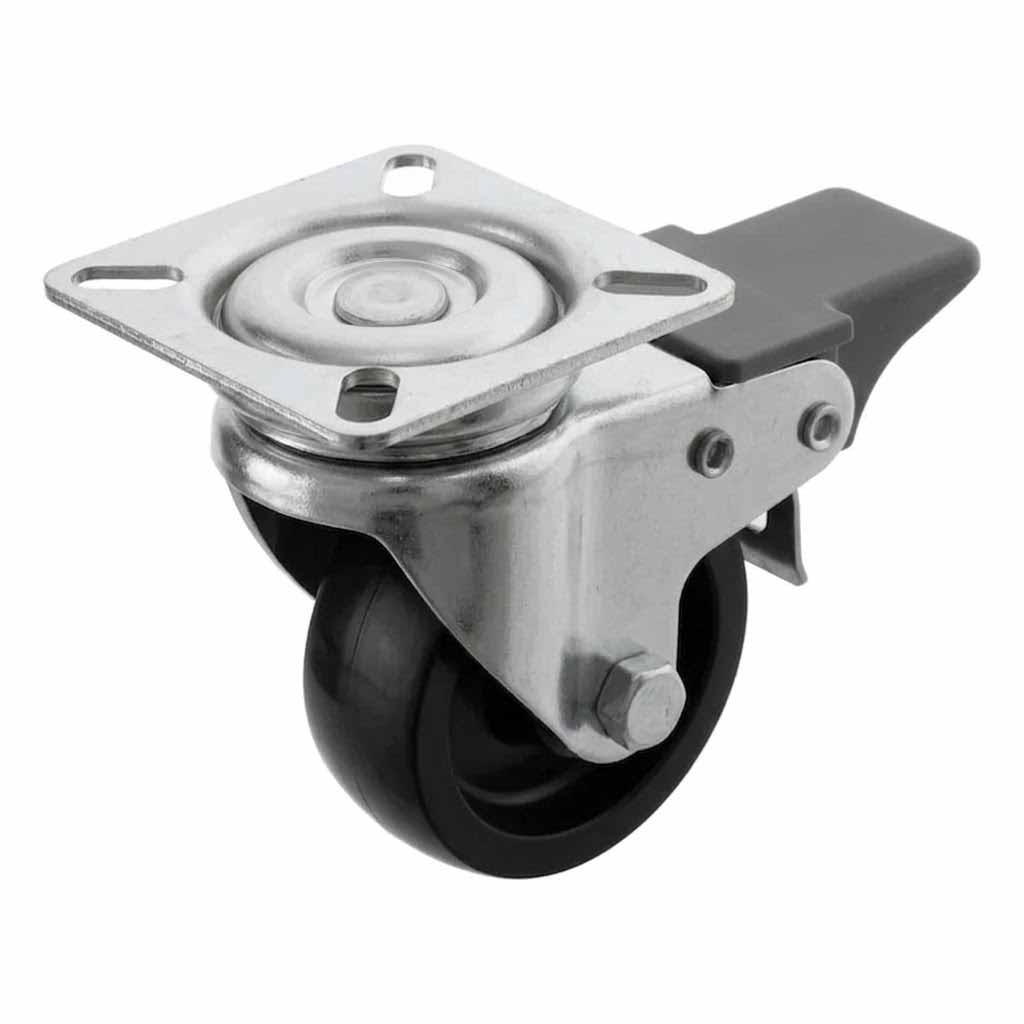White Smoke 50mm Pressed Steel Swivel Castor Wheel with Brake - Black Polypropylene & 4-Hole Top Plate - 65kg Load
