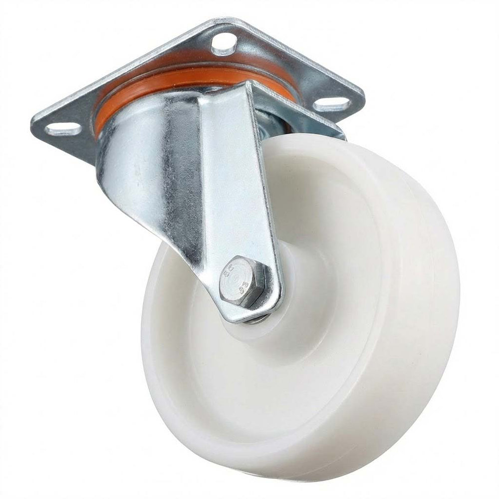 White Smoke 100mm Pressed Steel Swivel Castor Wheel with 4 Hole Top Plate & White Nylon Wheel - 140kg Load Capacity