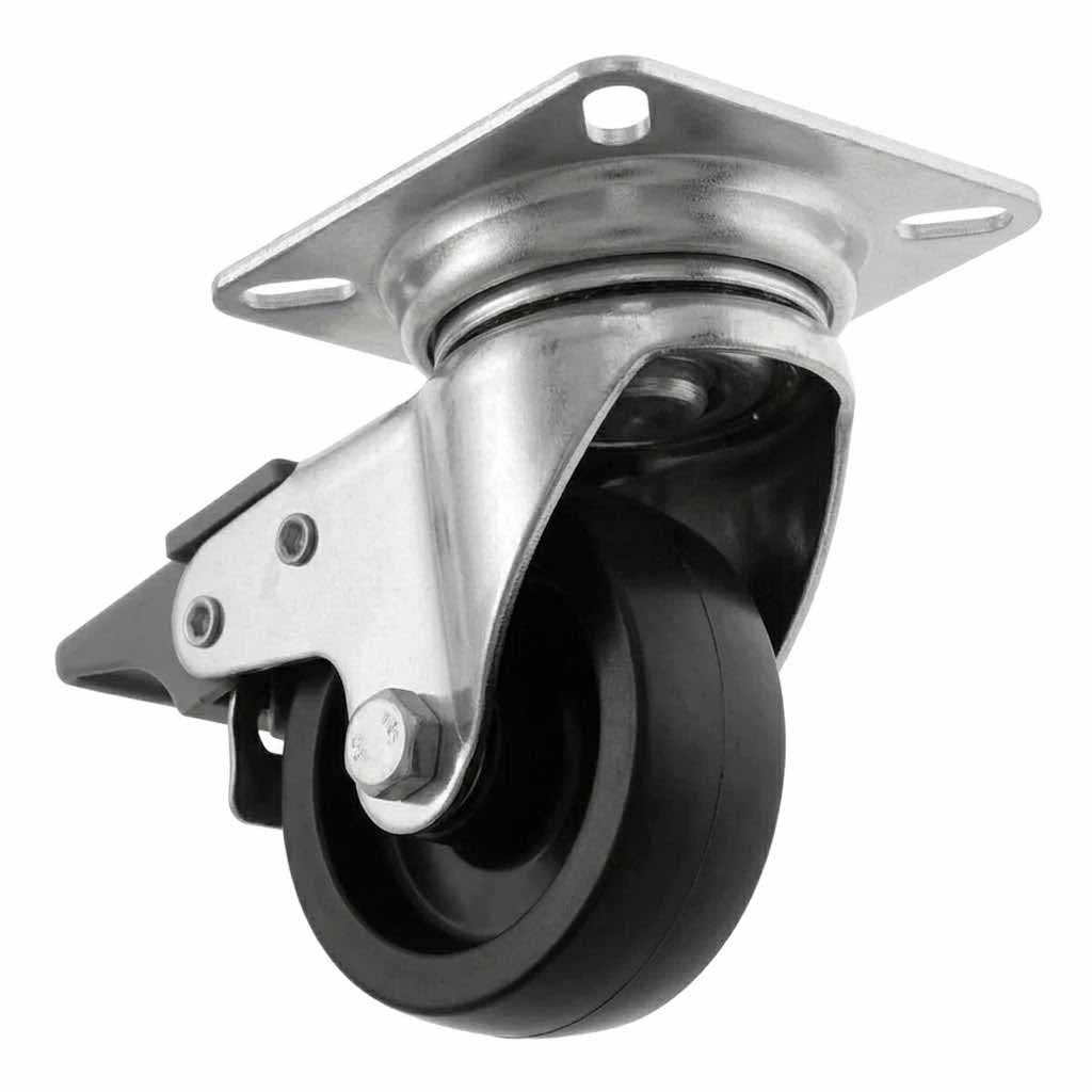 White Smoke 50mm Pressed Steel Swivel Castor Wheel with Brake - Black Polypropylene & 4-Hole Top Plate - 65kg Load