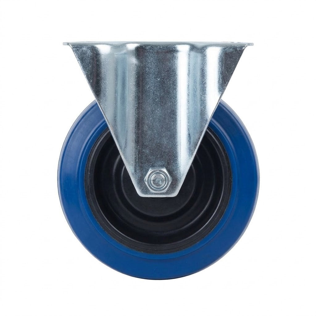 White Smoke 100mm Pressed Steel Fixed Castor with Blue Rubber on Polypropylene Wheel - 120kg Max Load