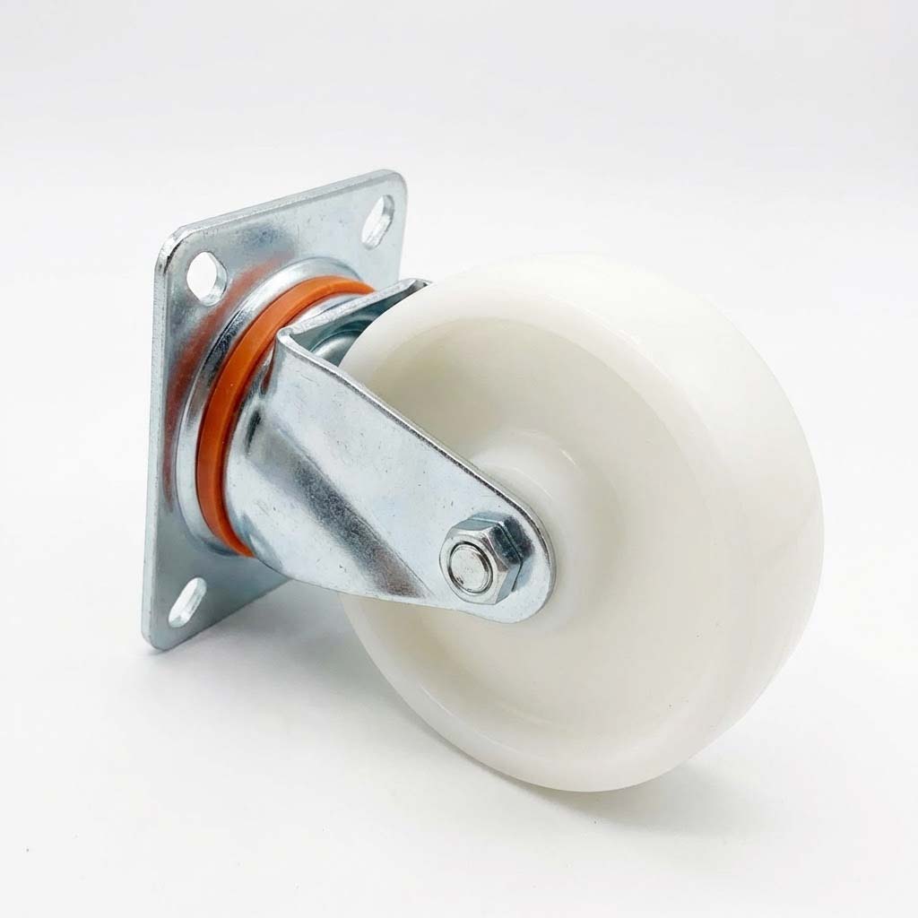 White Smoke 80mm Pressed Steel Swivel Castor Wheel with 4 Hole Top Plate & White Nylon Wheel - 120kg Load Capacity