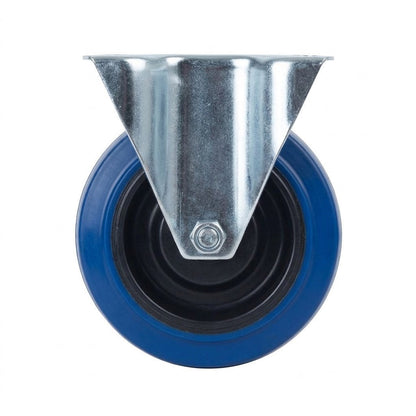 White Smoke 100mm Pressed Steel Fixed Castor with Blue Rubber on Polypropylene Wheel - 120kg Max Load
