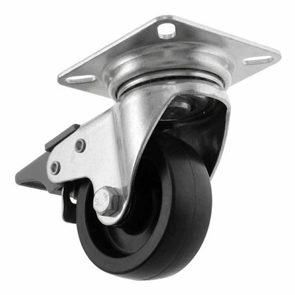 White Smoke 50mm Pressed Steel Swivel Castor Wheel with Brake - Black Polypropylene & 4-Hole Top Plate - 65kg Load