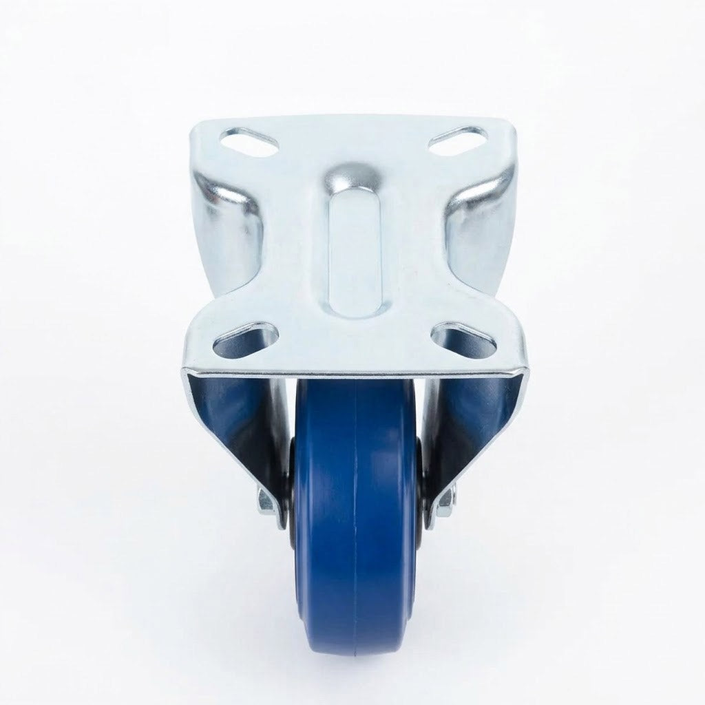 Lavender 100mm Pressed Steel Fixed Castor with Blue Rubber on Polypropylene Wheel - 120kg Max Load