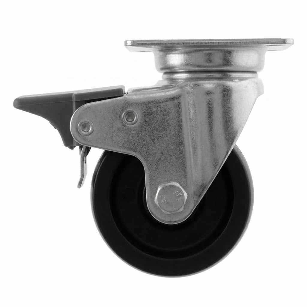 White Smoke 50mm Pressed Steel Swivel Castor Wheel with Brake - Black Polypropylene & 4-Hole Top Plate - 65kg Load