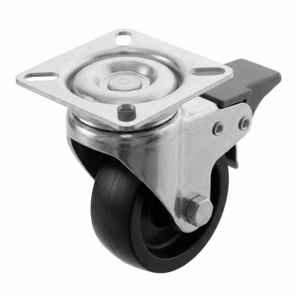 White Smoke 50mm Pressed Steel Swivel Castor Wheel with Brake - Black Polypropylene & 4-Hole Top Plate - 65kg Load