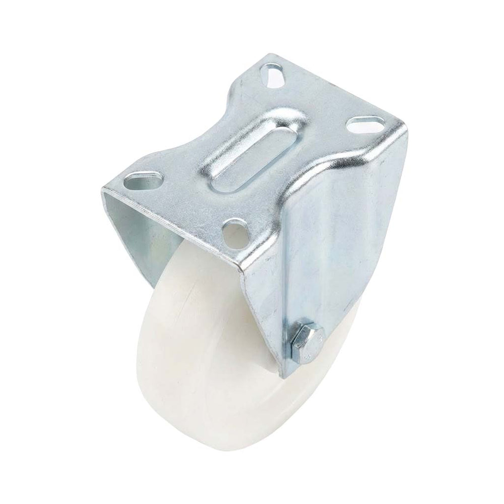 White Smoke 80mm Pressed Steel Fixed Castor with White Nylon Wheel, 4-Hole Top Plate - 120kg Load Capacity
