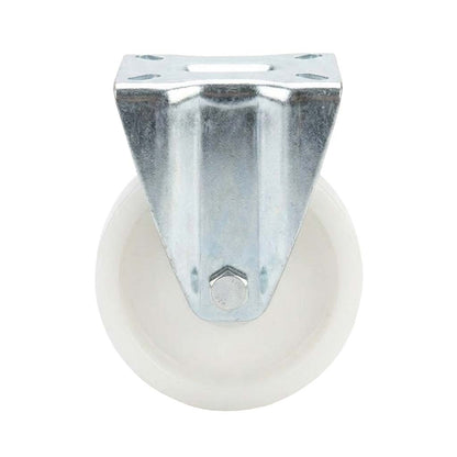 Light Gray 80mm Pressed Steel Fixed Castor with White Nylon Wheel, 4-Hole Top Plate - 120kg Load Capacity