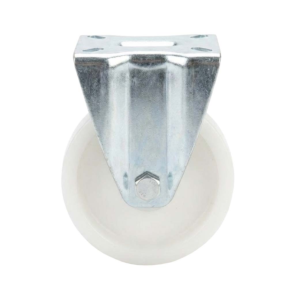 Light Gray 80mm Pressed Steel Fixed Castor with White Nylon Wheel, 4-Hole Top Plate - 120kg Load Capacity
