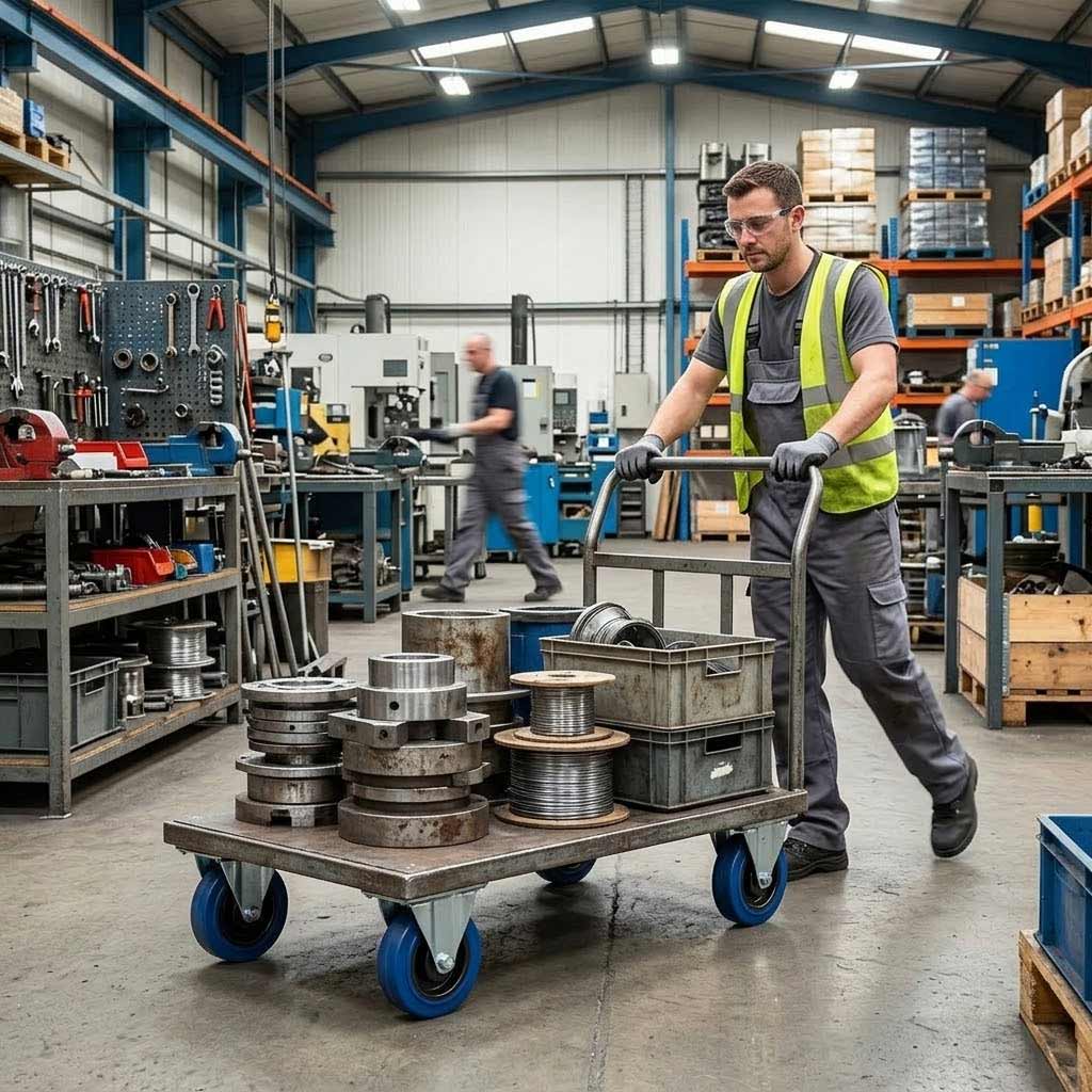 Dark Gray 100mm Pressed Steel Fixed Castor with Blue Rubber on Polypropylene Wheel - 120kg Max Load