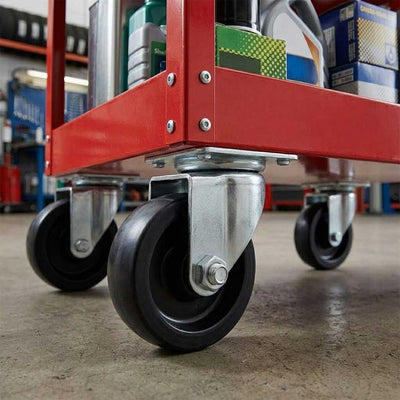 Black 100mm Pressed Steel Swivel Castor Wheel - Black Polypropylene & 4-Hole Top Plate - 85kg Max Load