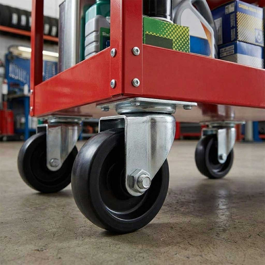 Black 100mm Pressed Steel Swivel Castor Wheel - Black Polypropylene & 4-Hole Top Plate - 85kg Max Load