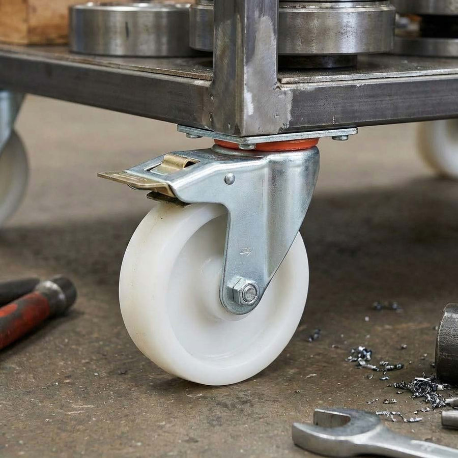 Dim Gray 100mm Pressed Steel Swivel Castor Wheel with Directional Brake, 4 Hole Top Plate & White Nylon Wheel - 140kg Load Capacity