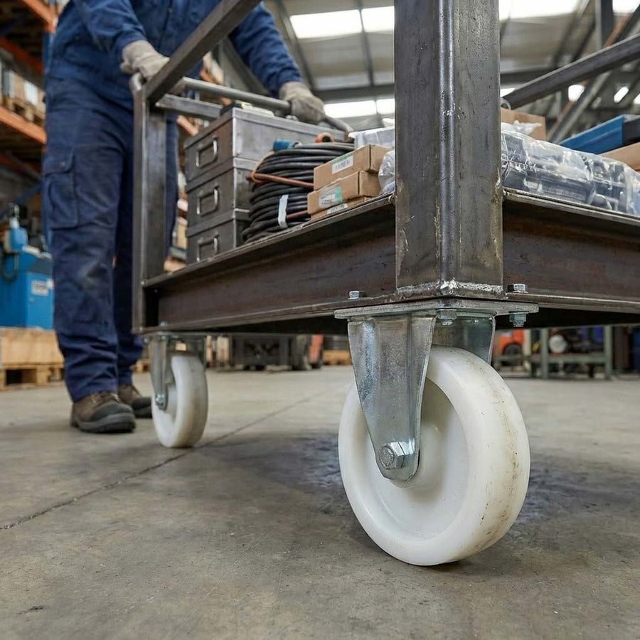 Slate Gray 100mm Pressed Steel Fixed Castor with White Nylon Wheel, 4-Hole Top Plate - 140kg Load Capacity