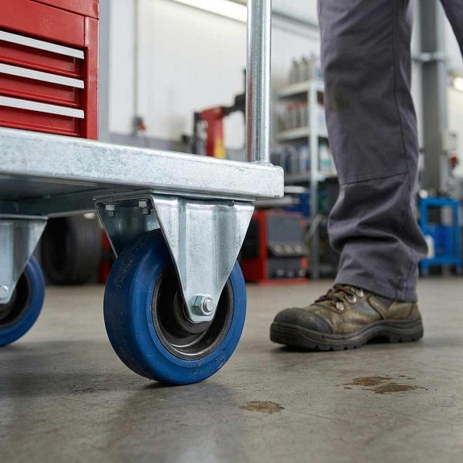 Slate Gray 100mm Pressed Steel Fixed Castor with Blue Rubber on Polypropylene Wheel - 120kg Max Load