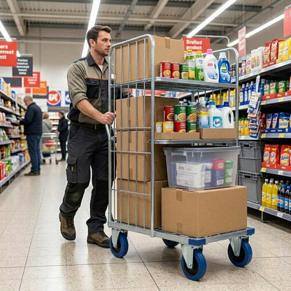 Gray 100mm Pressed Steel Fixed Castor with Blue Rubber on Polypropylene Wheel - 120kg Max Load
