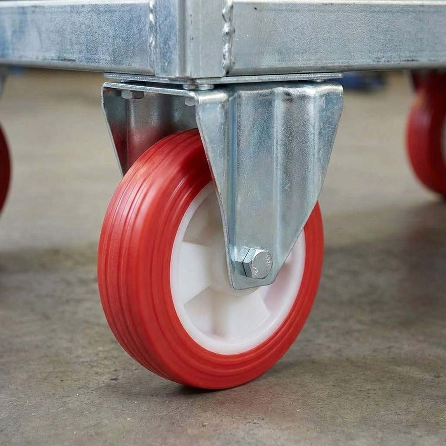 100mm Pressed Steel Fixed Castor Wheel - Red Polyurethane on White Nylon - 110kg Load Capacity