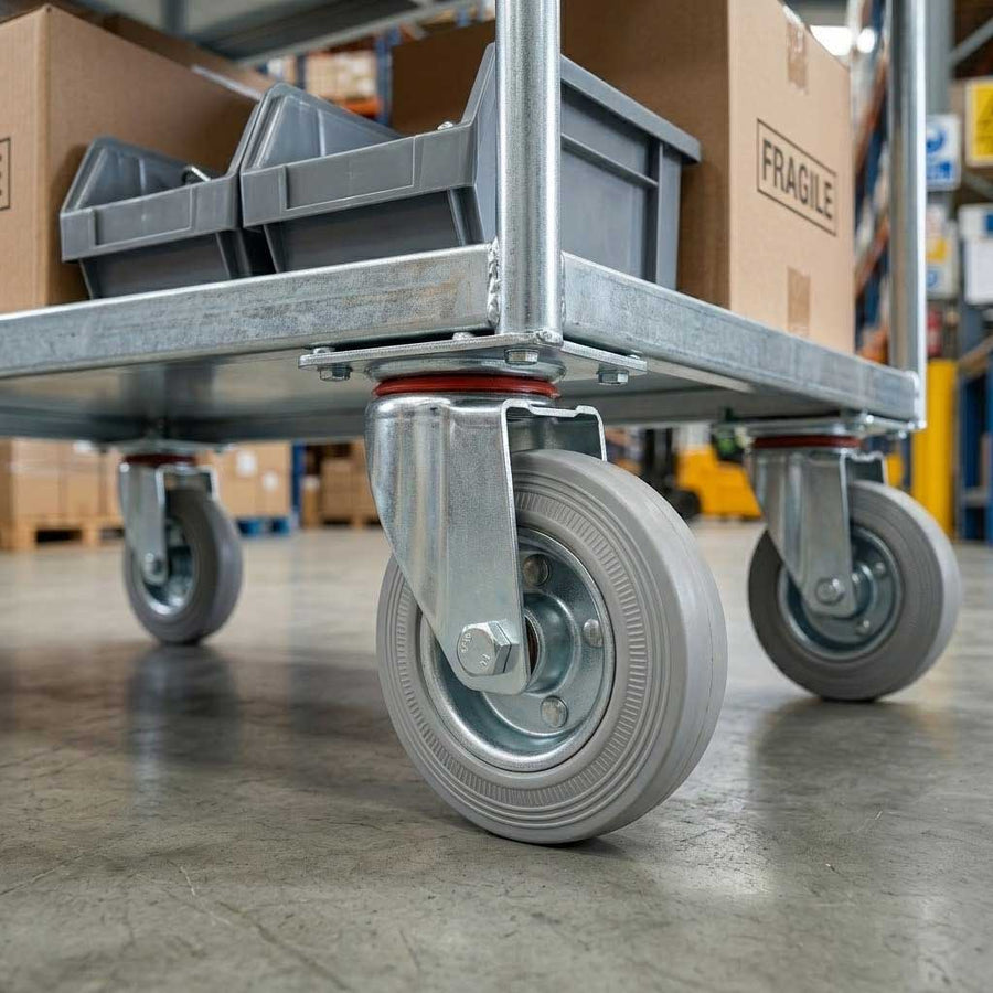 100mm Pressed Steel Swivel Castor Wheel - Grey Rubber - 4-Hole Top Plate - 75kg Load Capacity