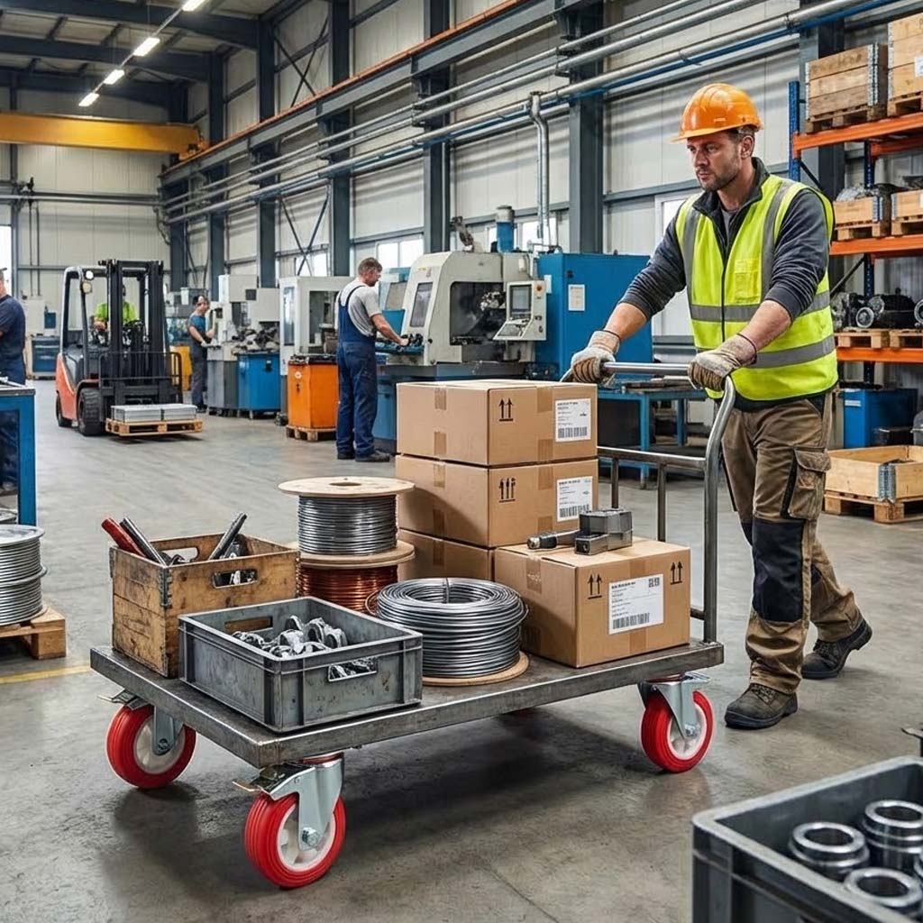 100mm Pressed Steel Swivel Castor Wheel with Directional Brake & Top Plate - Red Polyamide, 110kg Load