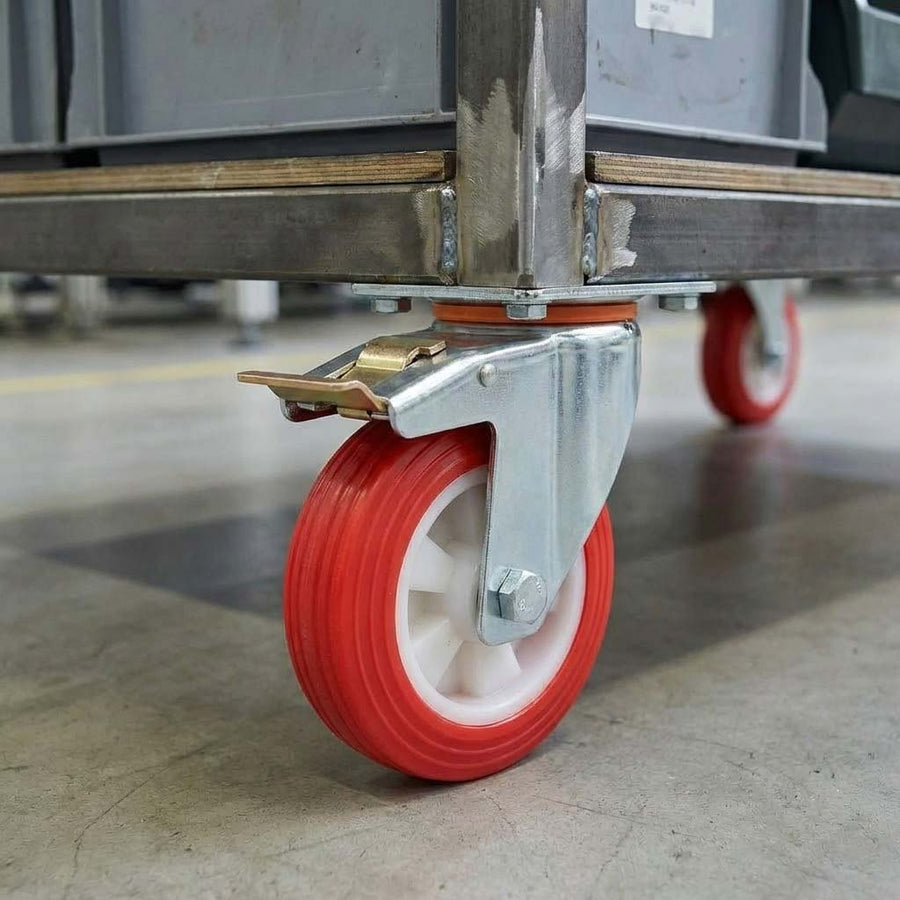 100mm Pressed Steel Swivel Castor Wheel with Directional Brake & Top Plate - Red Polyamide, 110kg Load