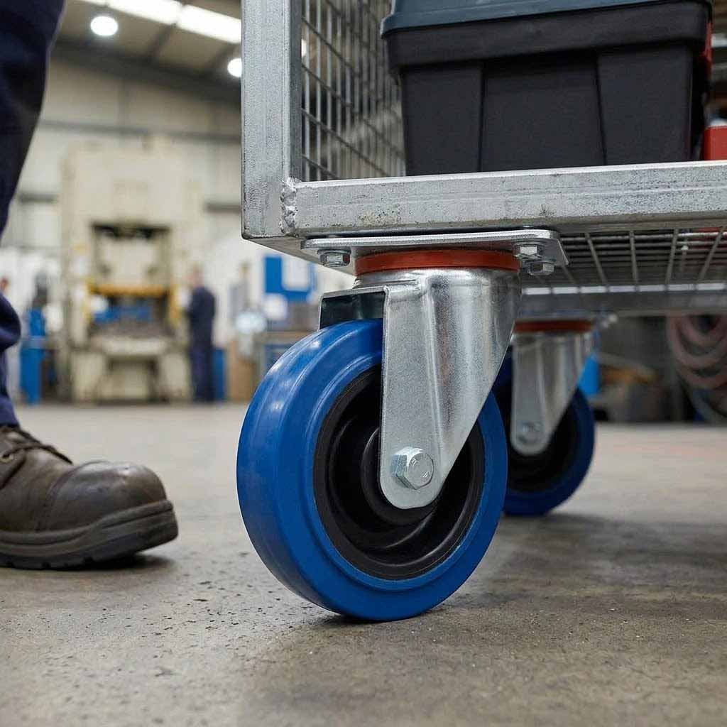100mm Pressed Steel Swivel Castor with Blue Rubber on Polypropylene Wheel - 120kg Max Load
