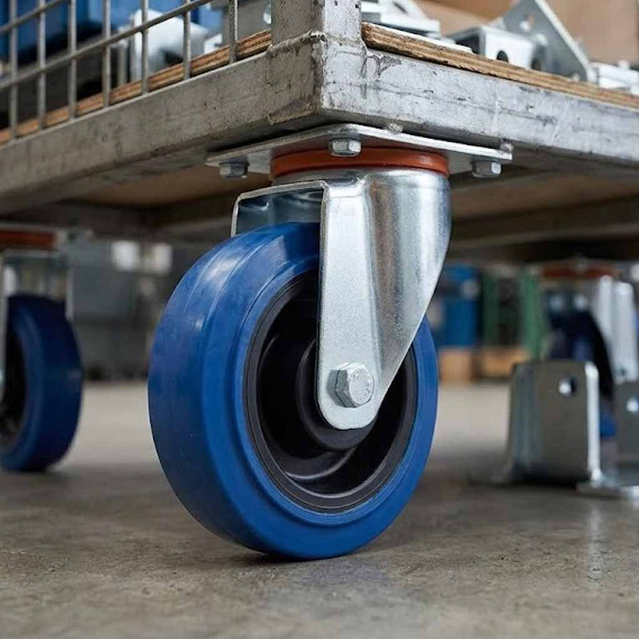 100mm Pressed Steel Swivel Castor with Blue Rubber on Polypropylene Wheel - 120kg Max Load