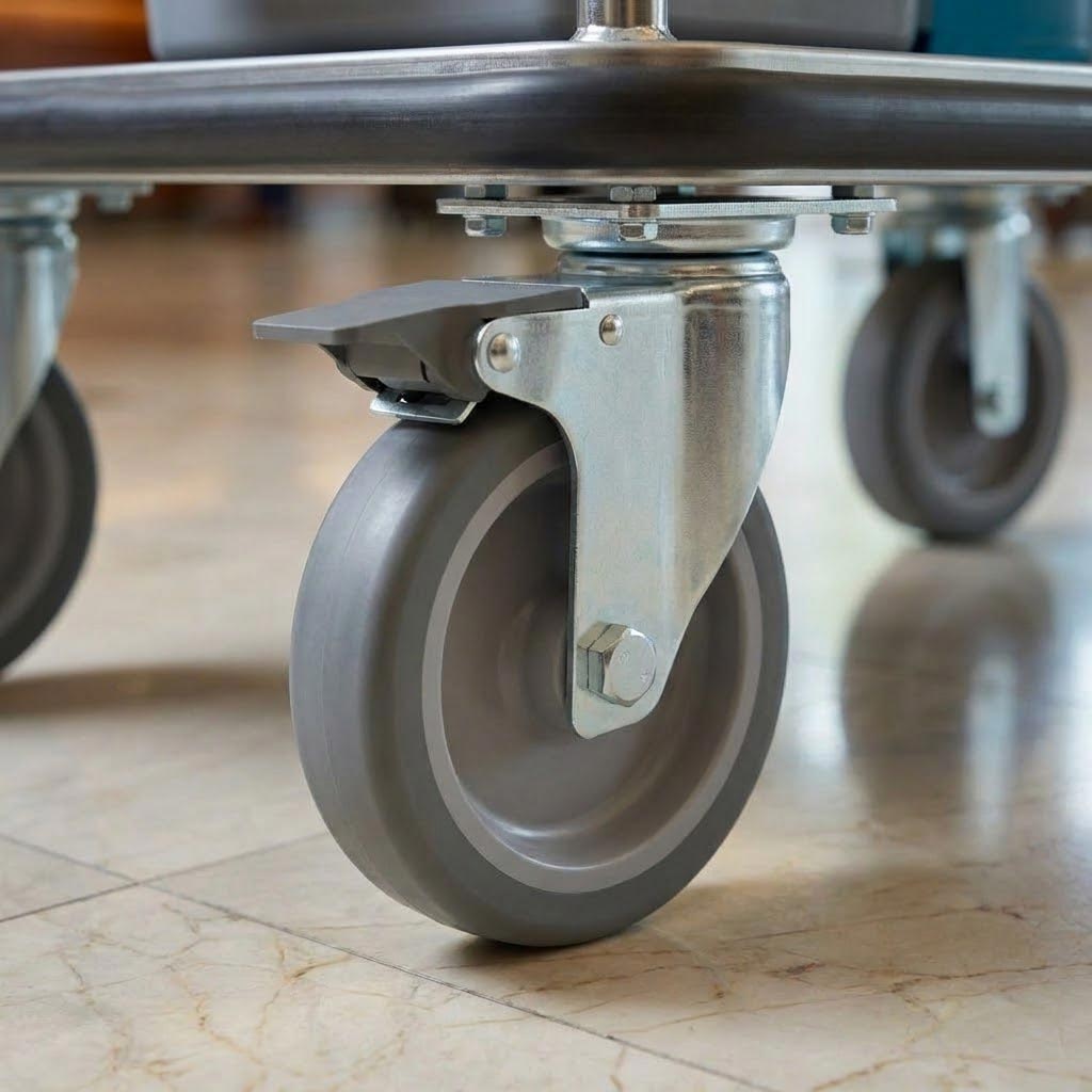 100mm Zinc Plated Swivel Retail Castor Wheel with Brake - Grey Rubber & 4-Hole Top Plate, 80kg Load