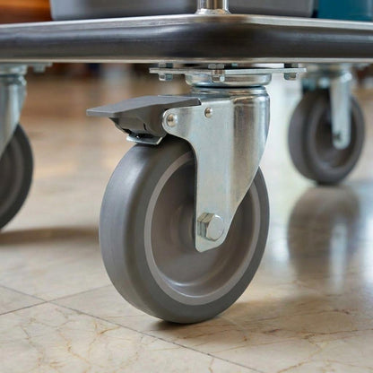 100mm Zinc Plated Swivel Retail Castor Wheel with Brake - Grey Rubber & 4-Hole Top Plate, 80kg Load
