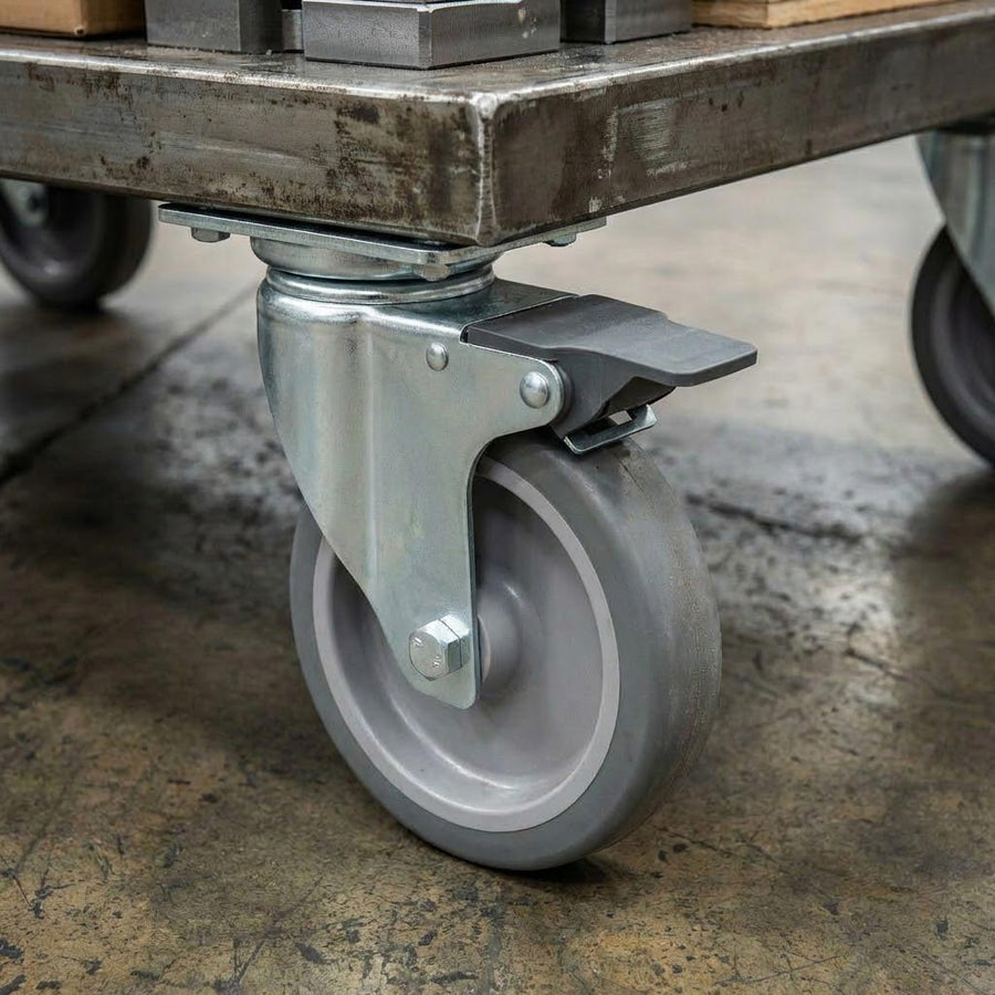 100mm Zinc Plated Swivel Retail Castor Wheel with Brake - Grey Rubber & 4-Hole Top Plate, 80kg Load
