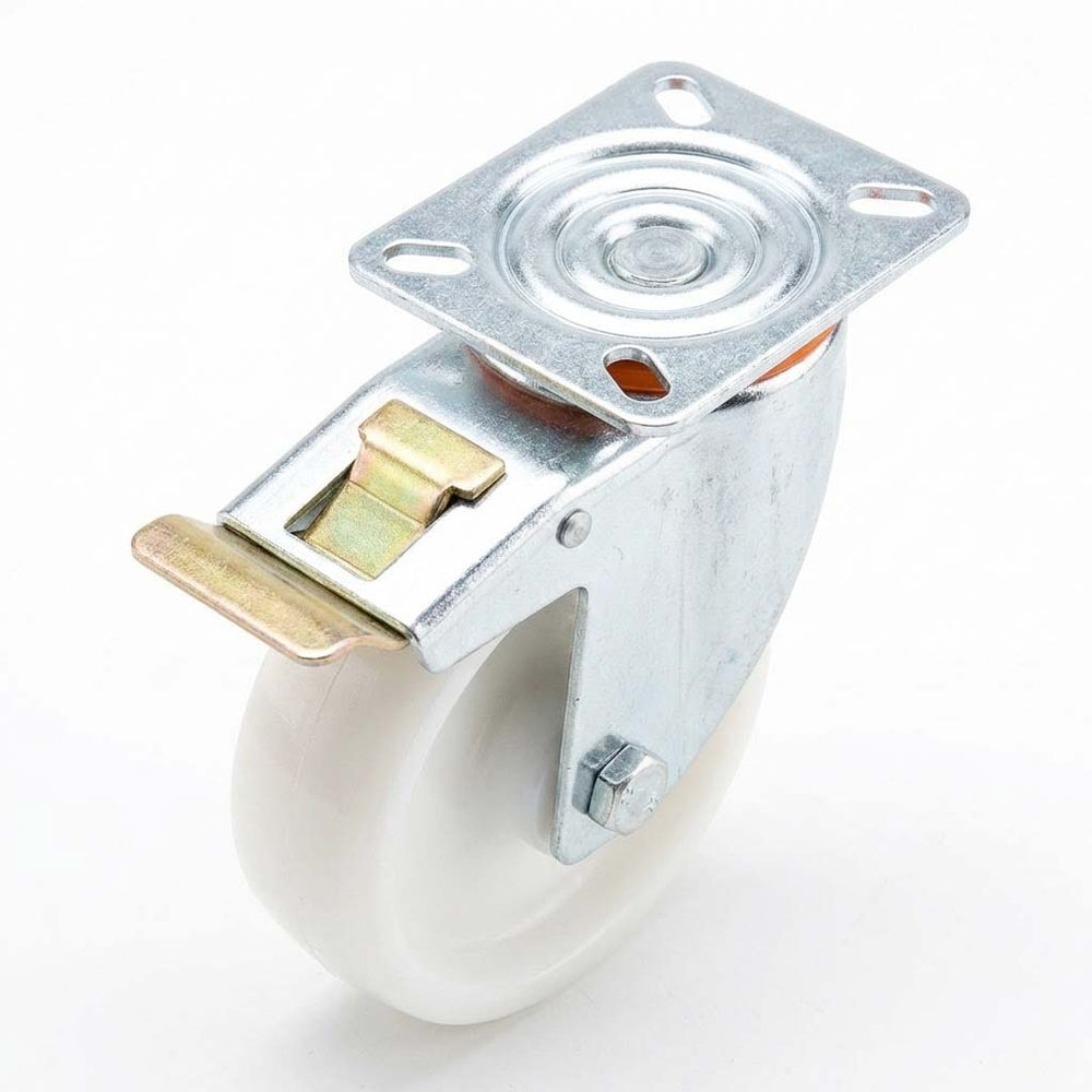 White Smoke 100mm Pressed Steel Swivel Castor Wheel with Directional Brake, 4 Hole Top Plate & White Nylon Wheel - 140kg Load Capacity