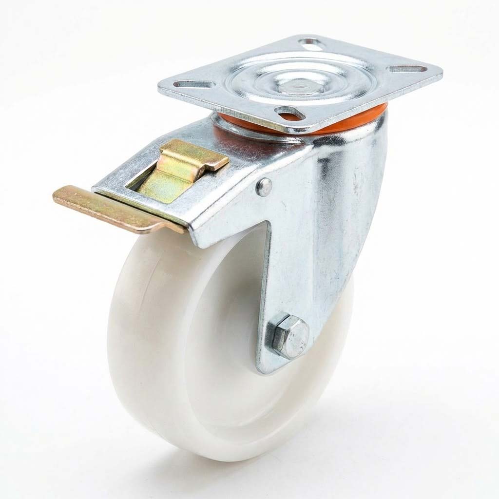 White Smoke 100mm Pressed Steel Swivel Castor Wheel with Directional Brake, 4 Hole Top Plate & White Nylon Wheel - 140kg Load Capacity
