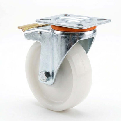 White Smoke 80mm Pressed Steel Swivel Castor Wheel with Directional Brake, 4 Hole Top Plate & White Nylon Wheel - 120kg Load Capacity