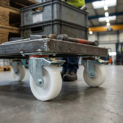 Dim Gray 80mm Pressed Steel Swivel Castor Wheel with Directional Brake, 4 Hole Top Plate & White Nylon Wheel - 120kg Load Capacity