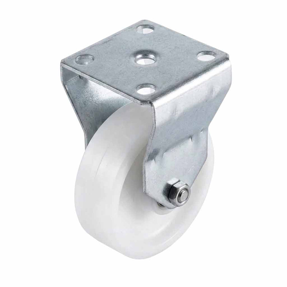 White Smoke 50mm Pressed Steel Fixed Castor Wheel - White Nylon Wheel & 4-Bolt-Hole - 65kg Load Capacity