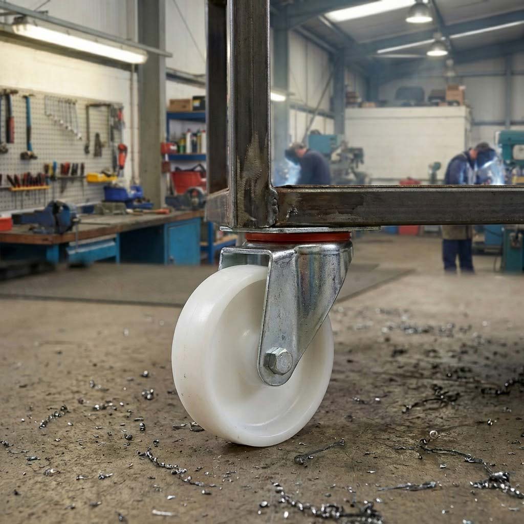 Dim Gray 80mm Pressed Steel Swivel Castor Wheel with 4 Hole Top Plate & White Nylon Wheel - 120kg Load Capacity