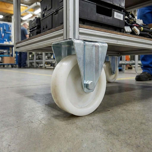 Dark Sea Green 125mm Pressed Steel Fixed Castor with White Nylon Wheel, 4-Hole Top Plate - 160kg Load Capacity
