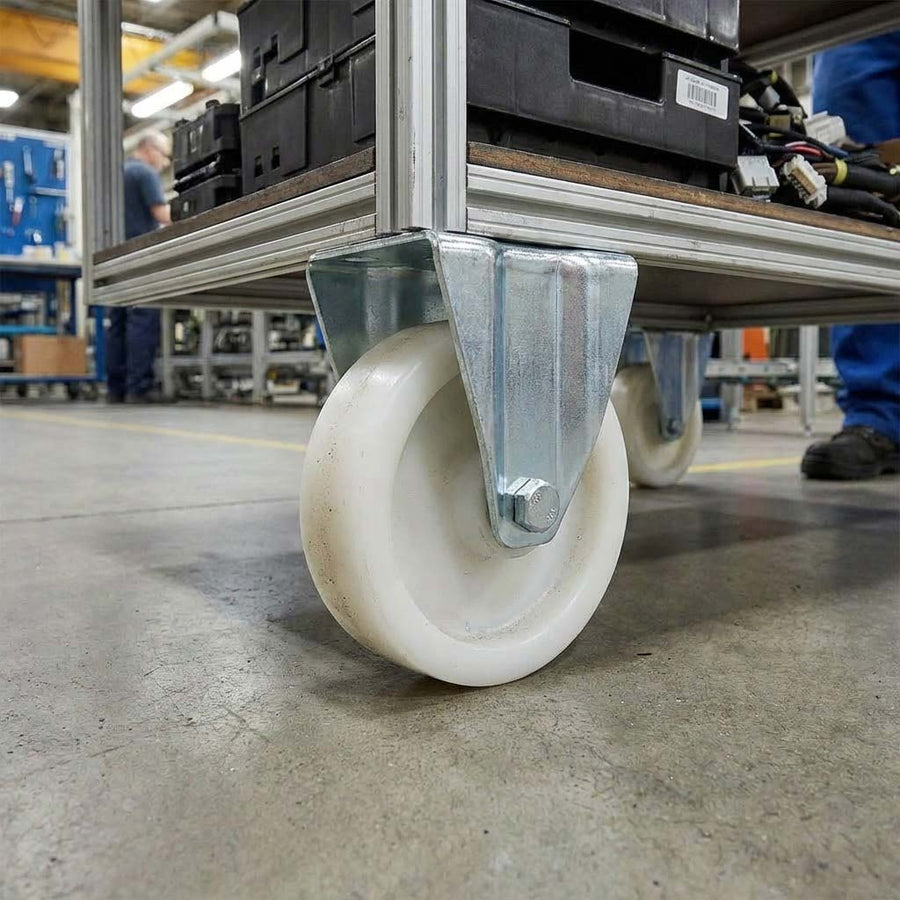 Dark Sea Green 125mm Pressed Steel Fixed Castor with White Nylon Wheel, 4-Hole Top Plate - 160kg Load Capacity