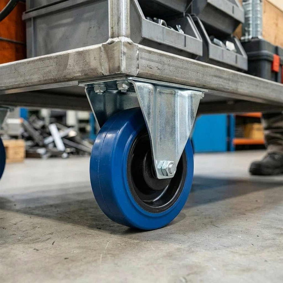 Gray 125mm Pressed Steel Fixed Castor with Blue Rubber on Polypropylene Wheel - 140kg Max Load