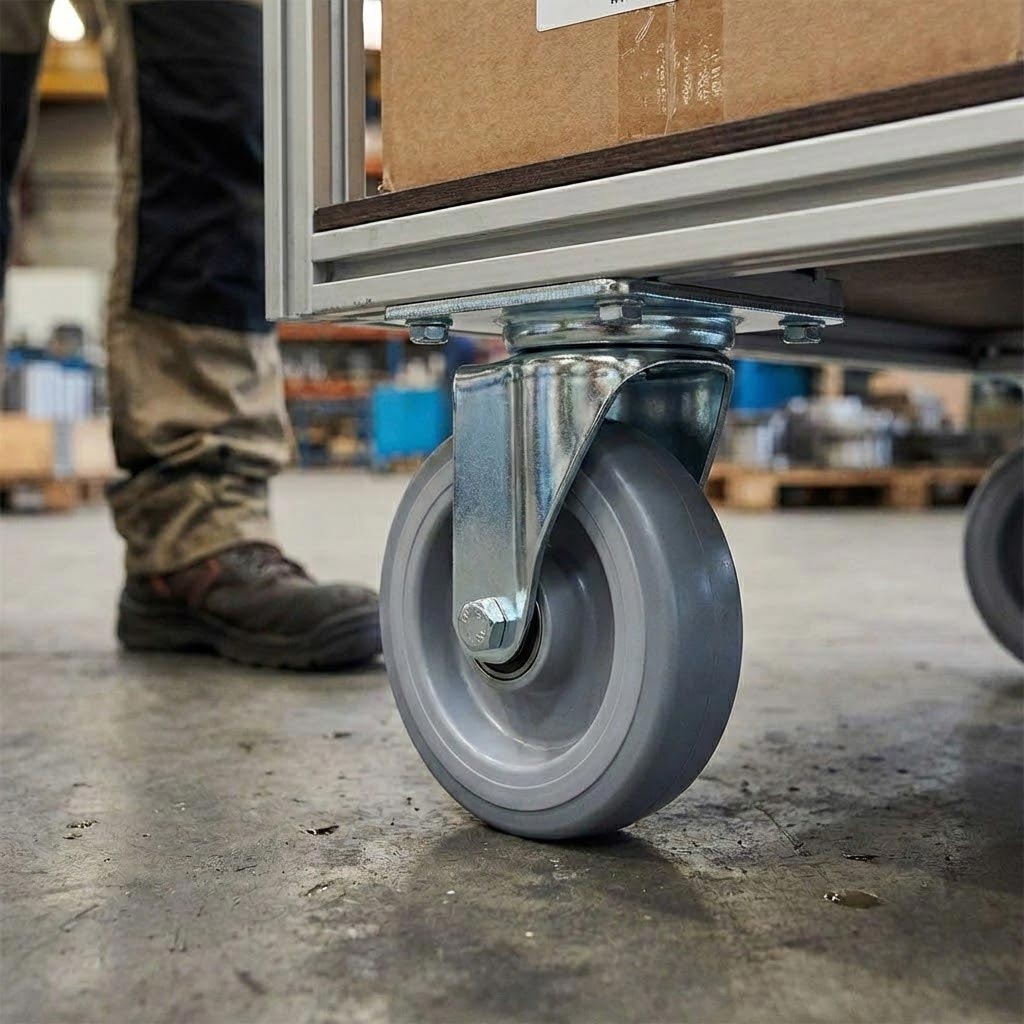 Slate Gray 125mm Zinc Plated Swivel Retail Castor Wheel - Grey Rubber, 4-Hole Top Plate - 100kg Load Capacity