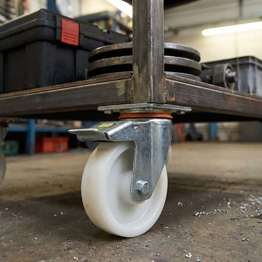 Dark Slate Gray 125mm Pressed Steel Swivel Castor Wheel with Directional Brake, 4 Hole Top Plate & White Nylon Wheel - 160kg Load Capacity