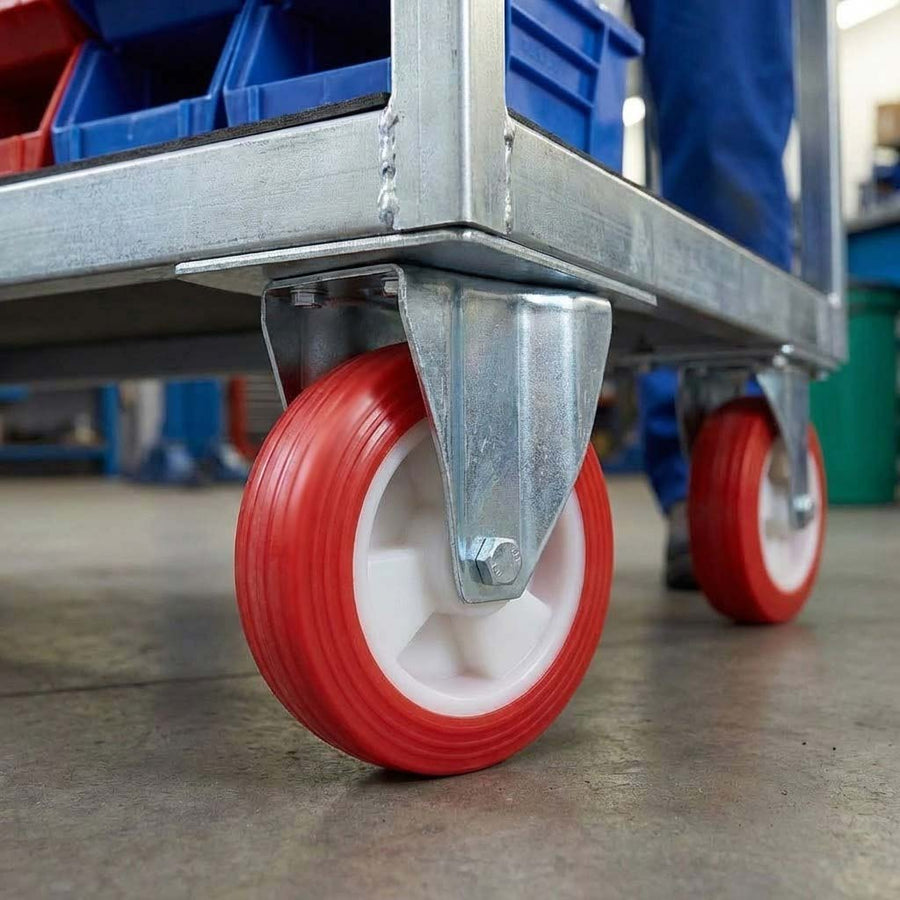 125mm Pressed Steel Fixed Castor Wheel - Red Polyurethane on White Nylon - 160kg Load Capacity