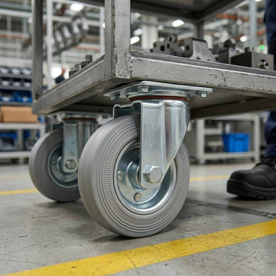 125mm Pressed Steel Swivel Castor Wheel - Grey Rubber - 4-Hole Top Plate - 110kg Load Capacity
