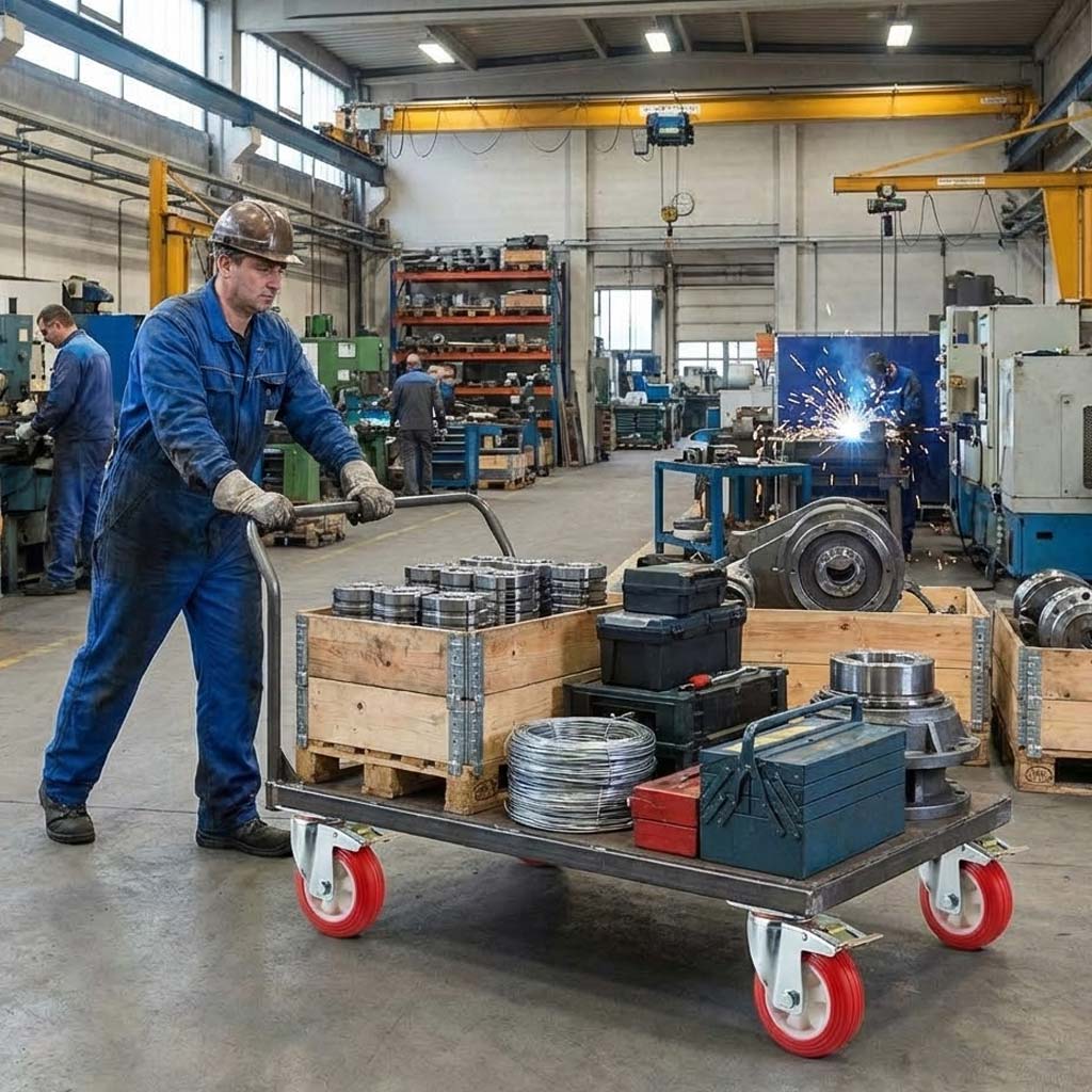 125mm Pressed Steel Swivel Castor Wheel with Directional Brake & Top Plate - Red Polyamide, 160kg Load