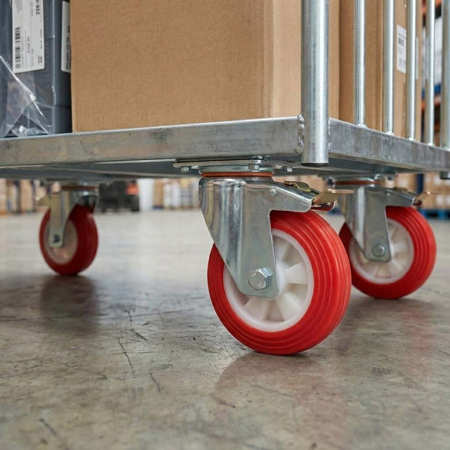 125mm Pressed Steel Swivel Castor Wheel with Directional Brake & Top Plate - Red Polyamide, 160kg Load