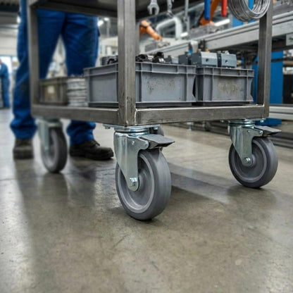 125mm Zinc Plated Swivel Retail Castor Wheel with Brake - Grey Rubber & 4-Hole Top Plate, 100kg Load