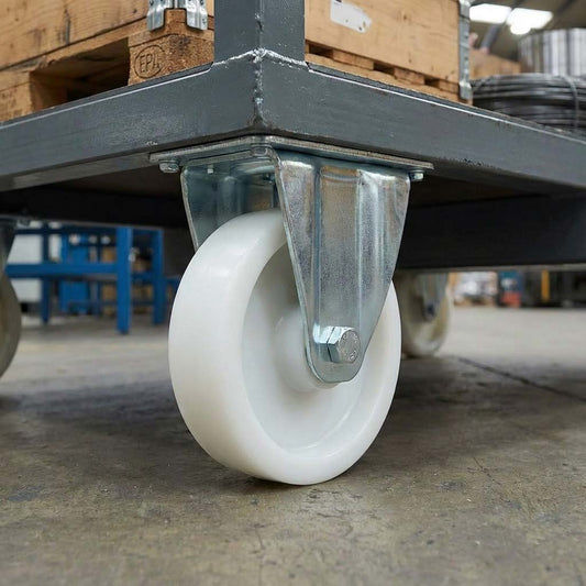 Slate Gray 150mm Pressed Steel Fixed Castor with White Nylon Wheel, 4-Hole Top Plate - 180kg Load Capacity